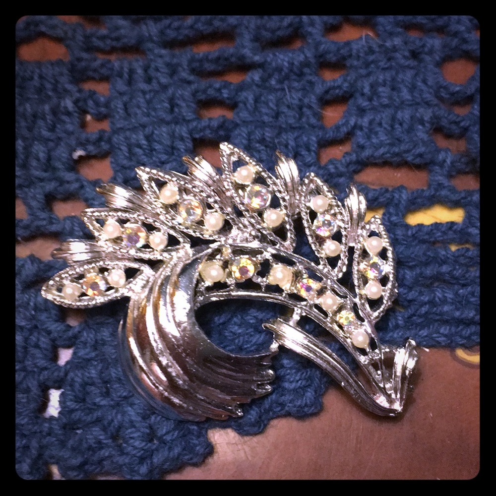 Antique Rhinestone and Pearl Brooch